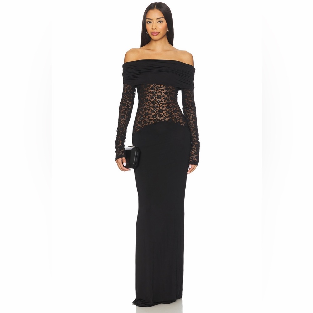 Lovers & Friends Heidi Black Sheer Floral Lace Long Sleeve Off Shoulder Gown NWT